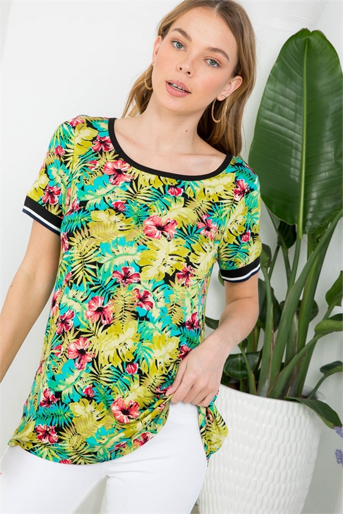 C48-A-1-T1187 LIME BLACK FLORAL PRINT THROUGHOUT SCOOPED NECK TOP 2-2-2