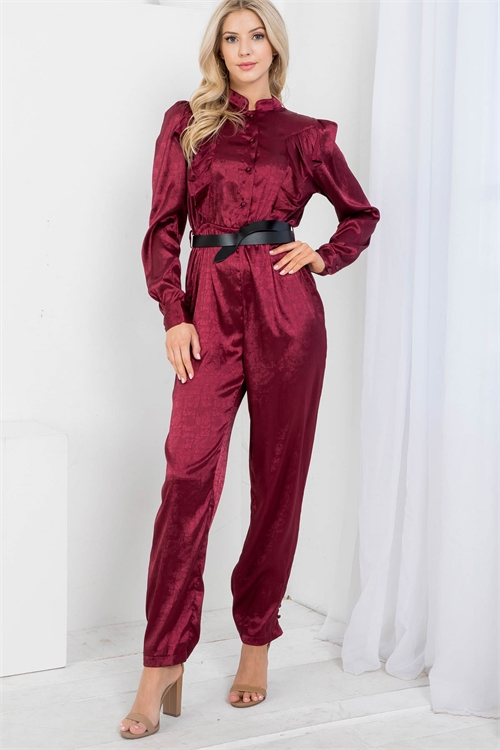 S9-20-3-J1319 BURGUNDY FRONT AND BACK RUFFLE JACQUARD SATIN FRONT BUTTON CLOSING JUMPSUIT 2-1-2