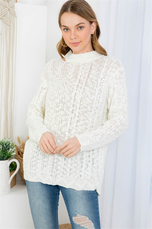 S12-6-4-S1499 IVORY CABLE KNIT MOCK NECK PULLOVER CUT OUT COLLAR SWEATER 3-4