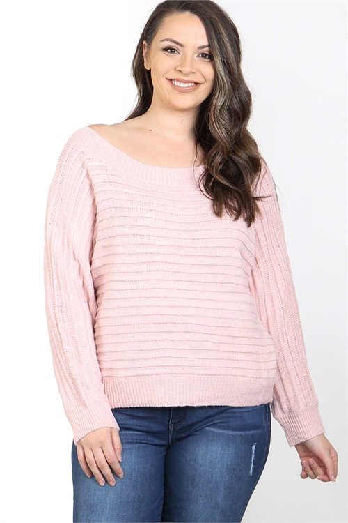 S12-7-2-S4587X LIGHT PINK OFF SHOULDER CUFFED HEM & SLEEVE KNITTED PLUS SIZE SWEATER 2-2-2