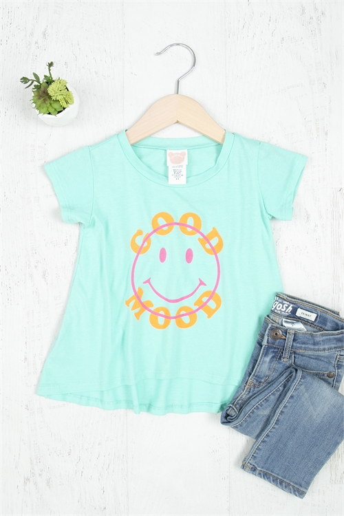 S12-1-5-TGR008 AQUA ROUND NECK "GOOD MOOD SMILEY FACE" PRINT KIDS TOP 2-2-2