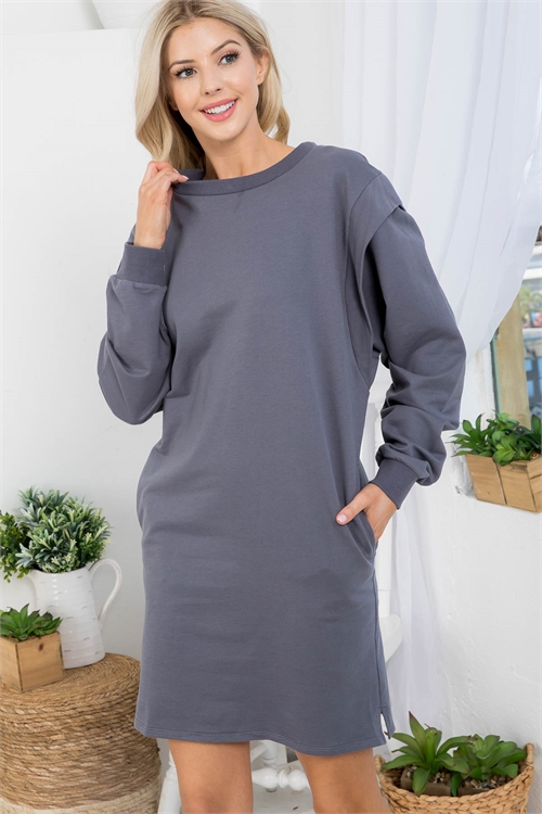 S14-5-1-D3215 CHARCOAL WITH POCKETS LONG SLEEVE SWEATER DRESS 2-2-2