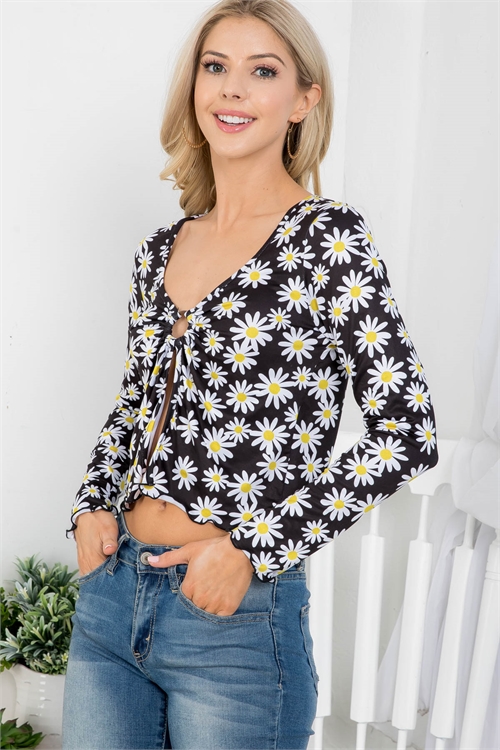 C56-B-2-T7283 BLACK WITH FLOWER PRINT THROUGHOUT OPEN FRONT LONG SLEEVE TOP 2-2-2