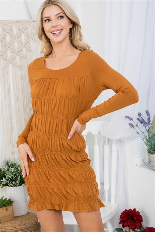 S14-4-1-D4754 CAMEL ROUND NECK RUCHED LONG SLEEVE MINI DRESS 2-2-2