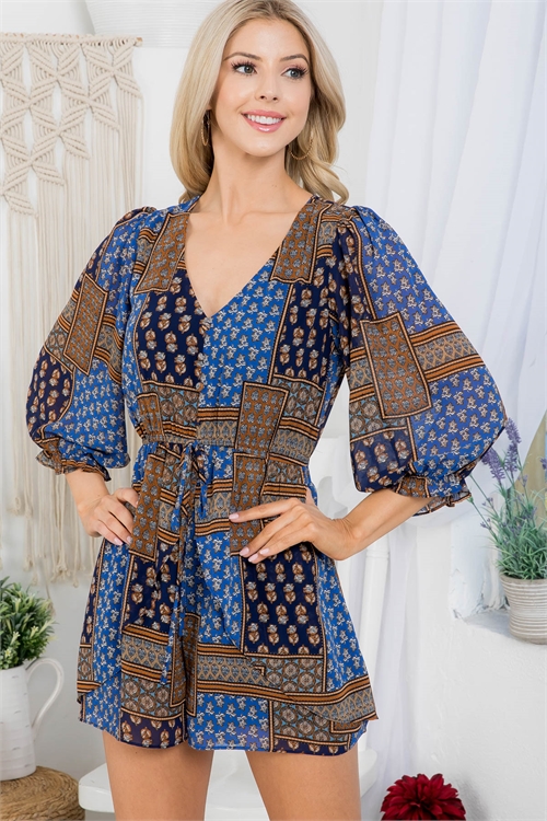 S11-16-4-R2122 NAVY BLUE PRINT V-NECK DRAW-STRING WAIST 3/4 SLEEVE ROMPER 3-2-2