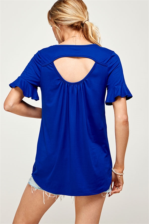 C18-B-1-MT2521 ROYAL BLUE ROUND NECK KEYHOLE BACK DETAIL RUFFLE SHORT SLEEVE TOP 2-2-2