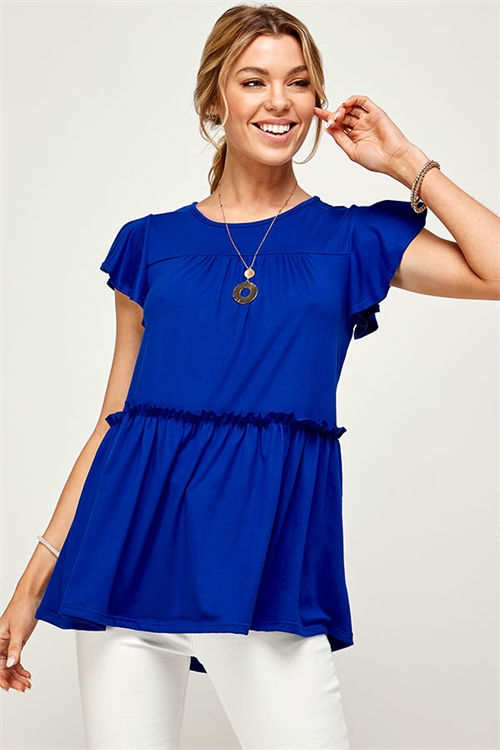 C24-B-2-MT2524 ROYAL BLUE ROUND NECK RUFFLE SHORT SLEEVE TOP 2-2-2