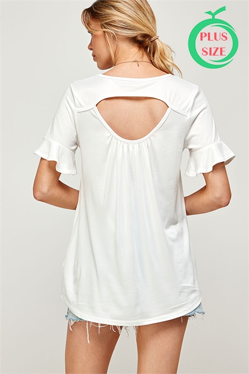 C28-B-1-MT2521X IVORY ROUND NECK KEYHOLE BACK DETAIL RUFFLE SHORT SLEEVE PLUS SIZE TOP 2-2-2