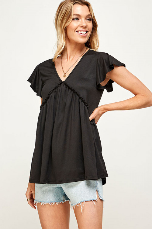 C36-A-2-MT2526 BLACK V-NECK RUFFLE SHORT SLEEVE RUFFLE BLOUSE TOP 2-2-2