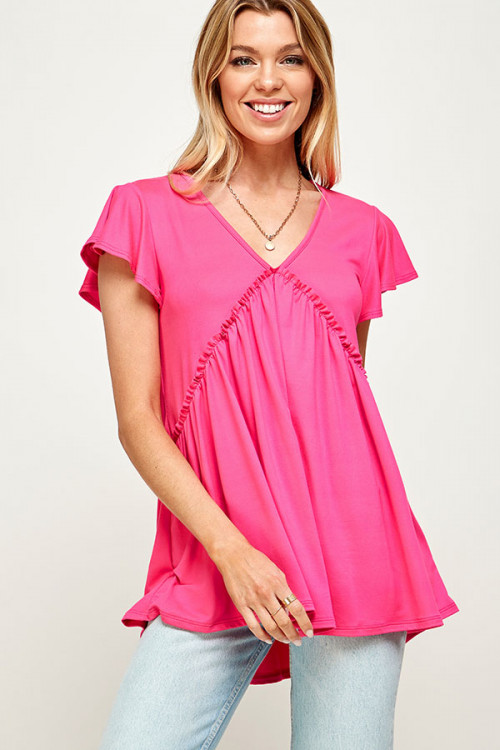 C36-A-2-MT2526 FUCHSIA V-NECK RUFFLE SHORT SLEEVE RUFFLE BLOUSE TOP 2-2-2