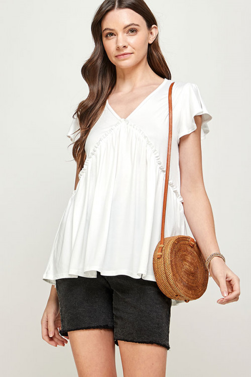 C36-A-2-MT2526 IVORY V-NECK RUFFLE SHORT SLEEVE RUFFLE BLOUSE TOP 2-2-2