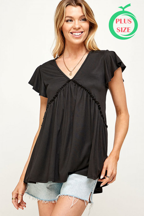 C40-A-1-MT2526X BLACK V-NECK RUFFLE SHORT SLEEVE RUFFLE BLOUSE PLUS SIZE TOP 2-2-2