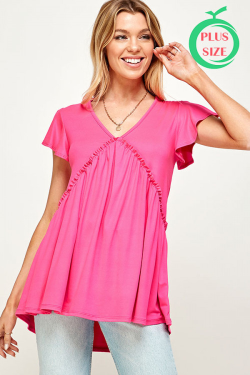 C40-A-1-MT2526X FUCHSIA V-NECK RUFFLE SHORT SLEEVE RUFFLE BLOUSE PLUS SIZE TOP 2-2-2