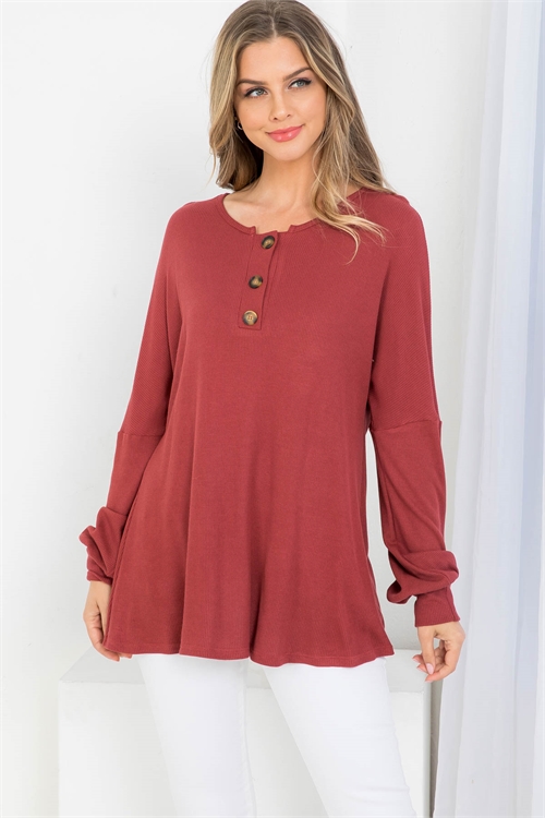 C38-A-3-AD4986-MARSALA ROUND NECK BUTTON DOWN WAFFLE FABRIC CUFFED LONG SLEEVE TOP 2-2-2