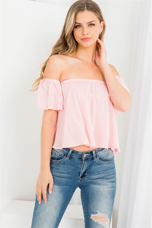 S10-14-2-H2721 PINK OFF SHOULDER RUFFLE STRETCHED TUBE TOP 2-2-2