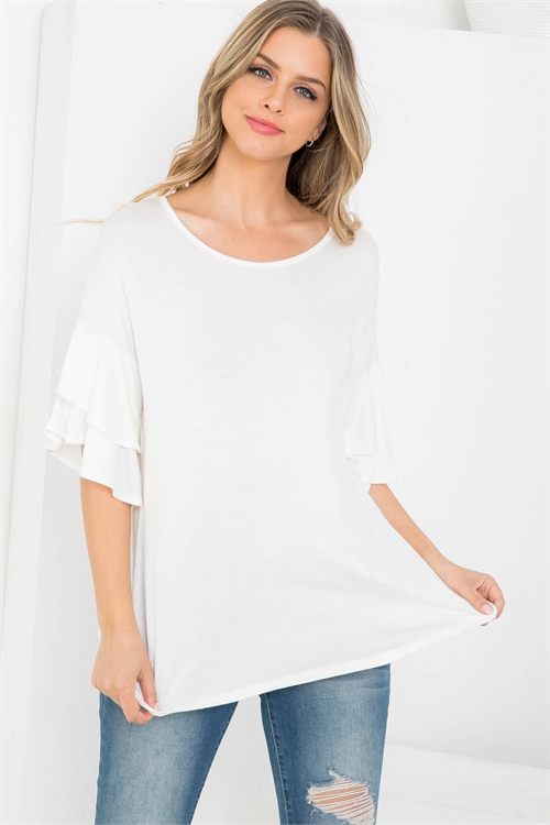 C4-A-2-AD4226 IVORY ROUND NECK RUFFLE SLEEVE BLOUSE TOP 2-2-2