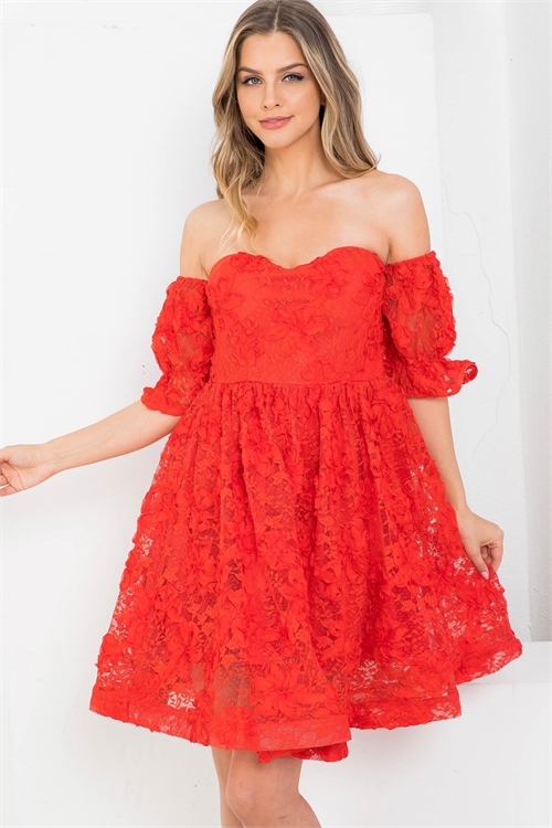 S11-7-1-D3890 RED OFF SHOULDER FLORAL LACE THROUGHOUT BACK ZIP TUBE DRESS 2-2-2