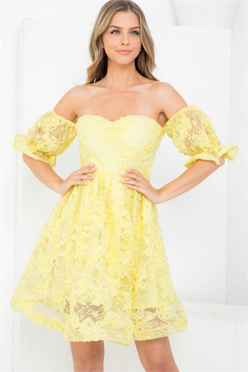 S10-7-2-D3890 YELLOW OFF SHOULDER FLORAL LACE THROUGHOUT BACK ZIP TUBE DRESS 2-2-2