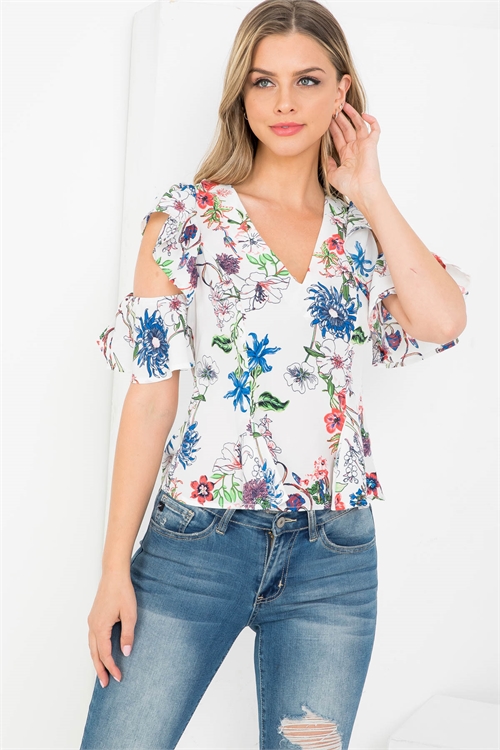 S7-9-3-T2966 WHITE FLORAL PRINT V-NECK CUT-OUT SLEEVE TOP 2-2-2