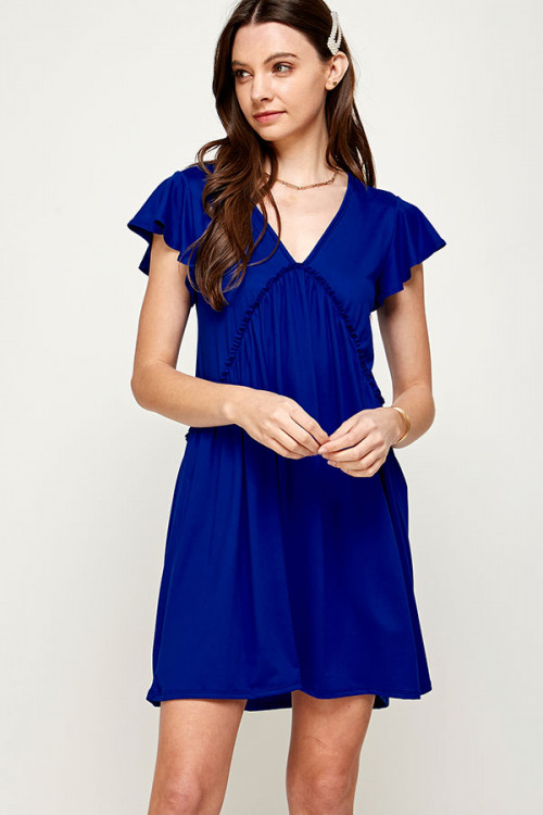 C16-A-3-MD4526 ROYAL BLUE DEEP V-NECK RUFFLE SHORT SLEEVE DRESS 2-2-2