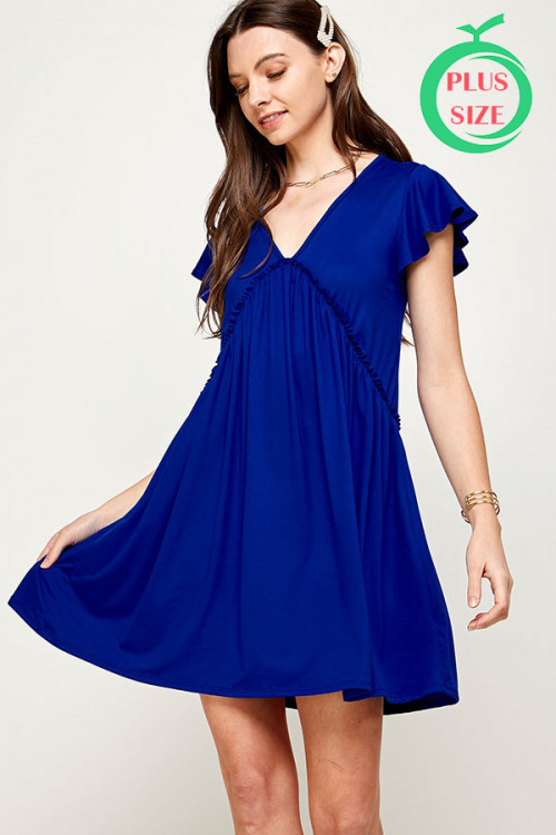 C22-A-2-MD4526X ROYAL BLUE DEEP V-NECK RUFFLE SHORT SLEEVE PLUS SIZE DRESS 2-2-2