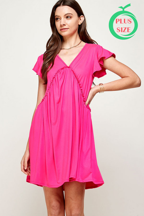 C22-A-2-MD4526X FUCHSIA DEEP V-NECK RUFFLE SHORT SLEEVE PLUS SIZE DRESS 2-2-2