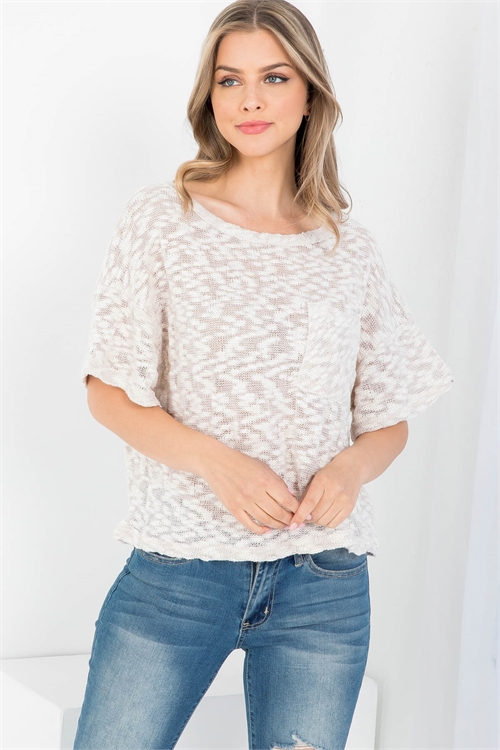 S9-7-1-T6127 TAUPE BOAT NECKLINE WITH FRONT POCKET EMBELLISHED KNITTED FABRIC TOP 3-2-1