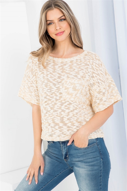 S16-10-2-T6127 YELLOW BOAT NECKLINE WITH FRONT POCKET EMBELLISHED KNITTED FABRIC TOP 3-2-1