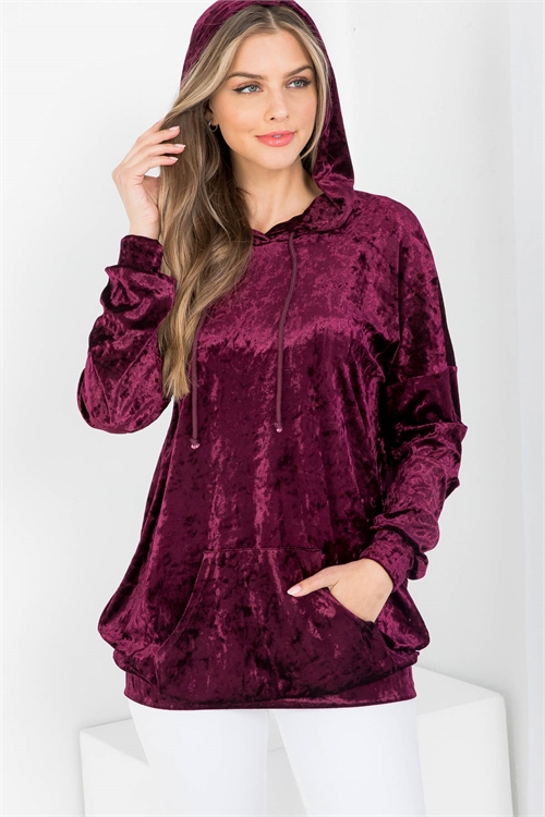 S15-7-1-T4453 PLUM VELVET FABRIC DRAW-STRING HOODIE CUFFED SLEEVE & HEM TOP 3-2-1