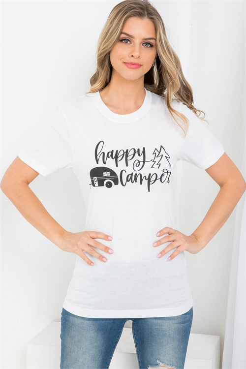 S16-11-3-TS1005WH WHITE "HAPPY CAMPER" GRAPHIC TEE TOP 1-2-2-1