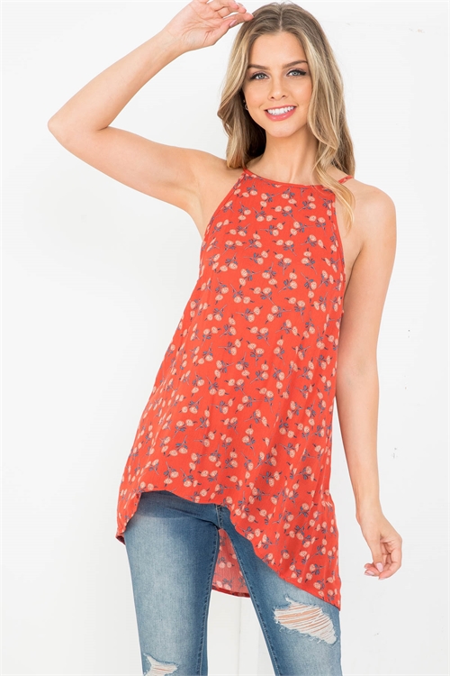 C8-B-2-T5473 CORAL FLORAL PRINT SPAGHETTI STRAP HIGH-LOW FLORAL PRINT SPAGHETTI STRAP HIGH-LOW SLEEVELESS WOVEN TOP 2-2-2