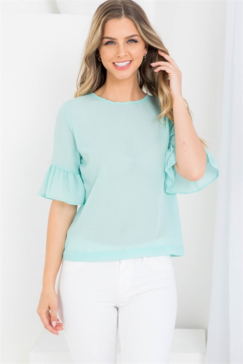C32-B-2-T4764 MINT ROUND NECK RUFFLE BELL SLEEVE LADIES WOVEN TOP 2-2-2