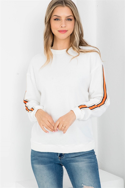 SA4-5-4-S4762 IVORY ORANGE ROUND NECKLINE STRIPE CUFFED LONG SLEEVE DETAIL SWEATER 2-3-1