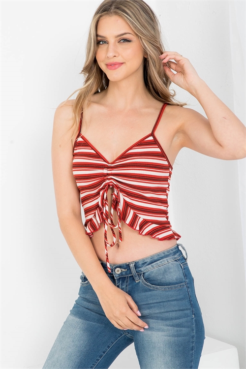 S12-8-2-T4380 RED STRIPES FRONT DRAW-STRING SPAGHETTI STRAP SLEEVELESS TOP 3-2