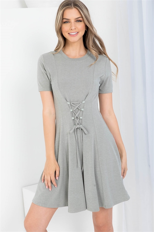 S14-7-1-D9203 GRAY ROUND NECKLINE FRONT TIE RUFFLE DRESS 2-2-2