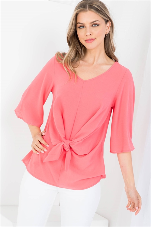 S16-2-3-T4535 CORAL V-NECKLINE FRONT TIE BELL SLEEVE TOP 2-2-2