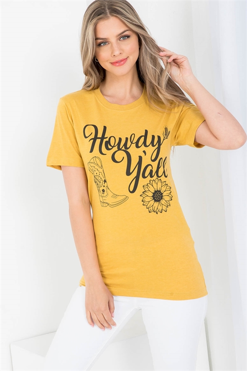 S12-4-4-TS1008MU MUSTARD "HOWDY YALL" GRAPHIC TEE TOP 1-2-2-1