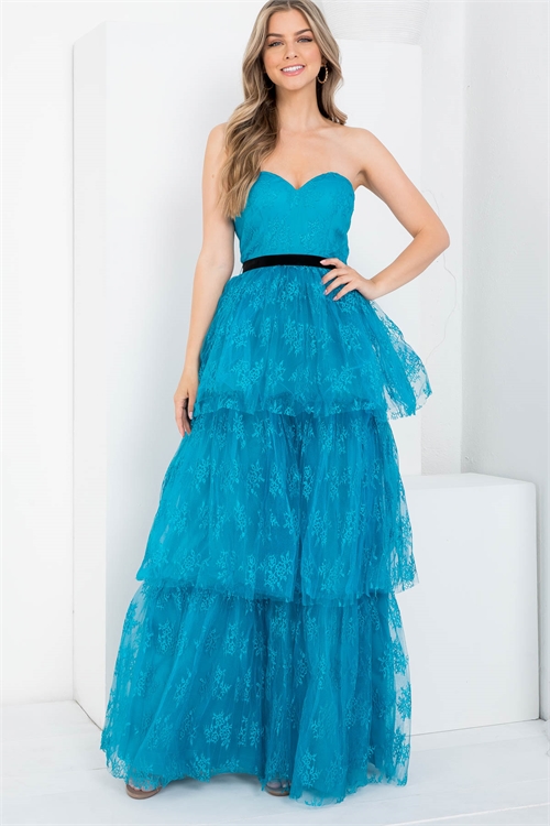 S9-20-1-D25726 TEAL FLORAL LACE MULTI LINE BOW-TIE WAIST BACK ZIP TUBE MAXI DRESS 2-2-2 (NOW $5.75 ONLY!)