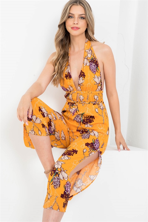 S13-10-4-J1370A MUSTARD WITH FLOWERS PRINT DEEP V-NECKLINE BACK TIE SIDE SLIT CUFFED HEM LEG BACKLESS JUMPSUIT 5-2-1