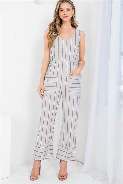 S9-11-2-J4922 GRAY STRIPES V-NECKLINE SIDE TASSLE & FRONT POCKET SQUARE LEG JUMPSUIT 3-2-1