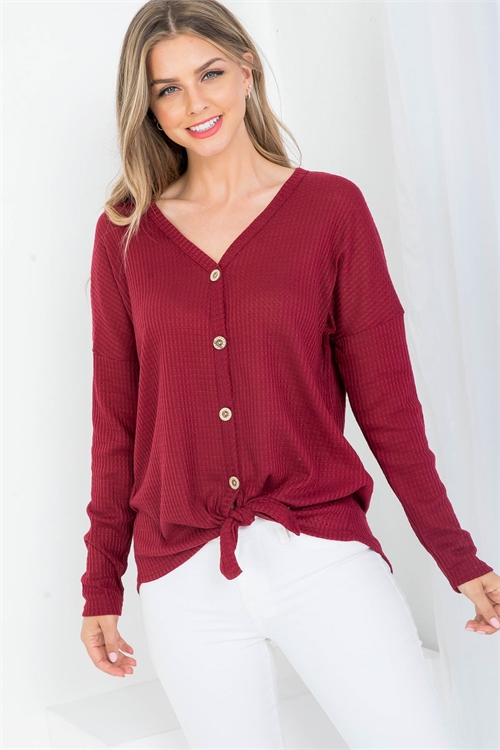 S9-1-1-T1145 BURGUNDY DEEP V-NECKLINE BUTTON DOWN WITH FRONT TIE WAFFLE FABRIC TOP 2-2-2