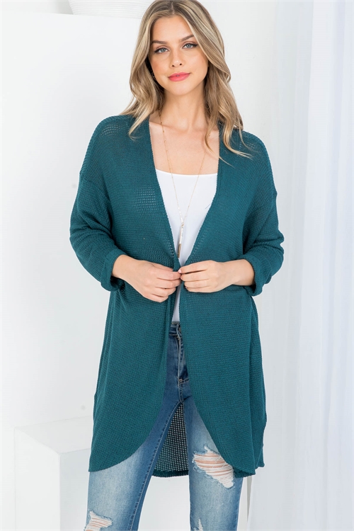 C38-A-1-C2012 TEAL OPEN FRONT WAFFLE FABRIC CUFFED LONG SLEEVE ASYMETRIC CARDIGAN 2-2-2