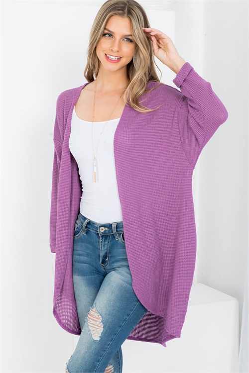 C42-A-2-C2012 VIOLET OPEN FRONT WAFFLE FABRIC CUFFED LONG SLEEVE ASYMETRIC CARDIGAN 2-2-2