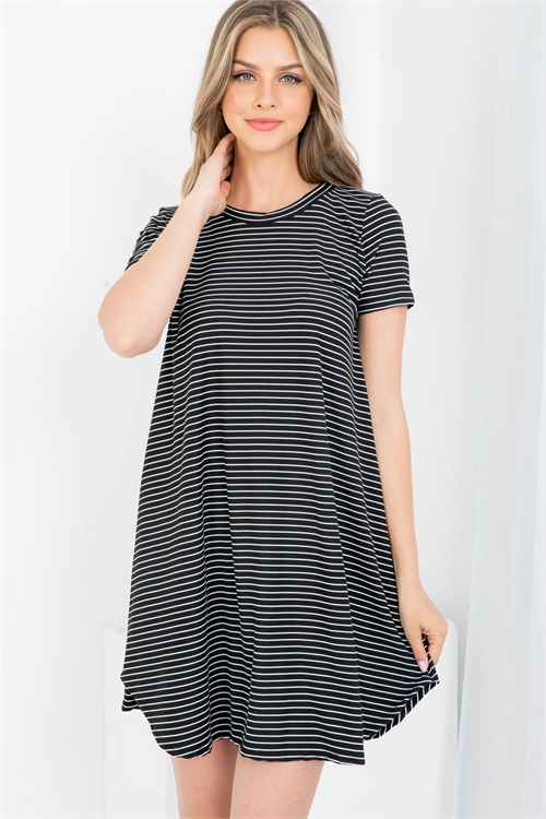 C64-A-2-D7372 BLACK WHITE STRIPES ROUND NECKLINE MINI DRESS 2-2-2