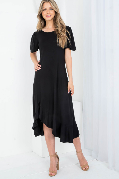 C38-A-1-AD5131 BLACK ROUND NECKLINE RUFFLE SLEEVE ASYMETRIC DRESS 2-2-2