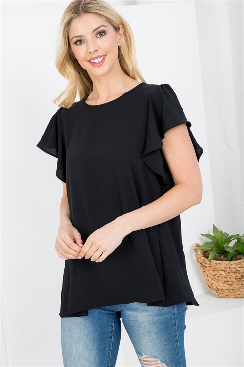 C26-A-3-AD4692 BLACK ROUND NECKLINE RUFFLE SLEEVE BACK TIE TOP 2-2-2-2