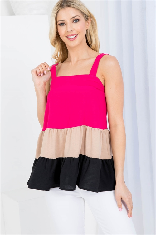 C50-A-3-AD4688 FUCHSIA SQUARE NECKLINE WIDE SPAGHETTI STRAP MULTI LINE RUFFLE TOP 2-2-2-1