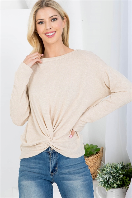 C8-A-1-T4087 OATMEAL ROUND NECKLINE FRONT TWIST LONG SLEEVE TOP 2-2-2