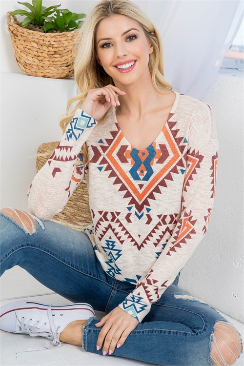 C46-A-1-T4622 TAUPE AZTEC PRINT V-NECKLINE LONG SLEEVE KNITTED TOP 2-2-2