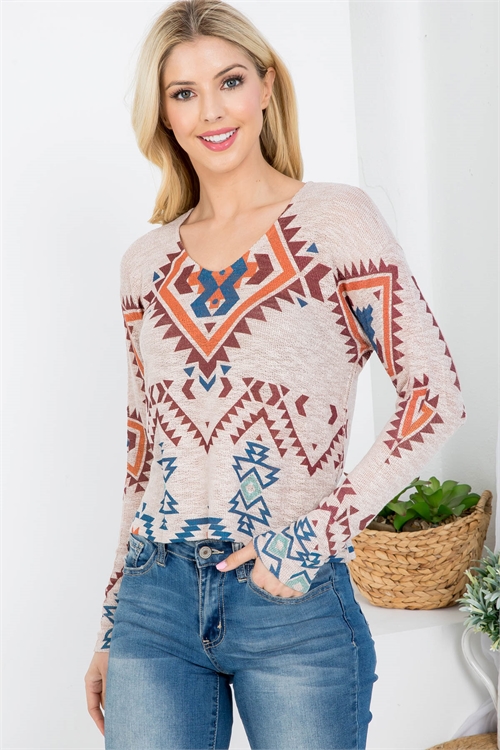 C48-A-2-T4622 MOCHA AZTEC PRINT V-NECKLINE LONG SLEEVE KNITTED TOP 2-2-2